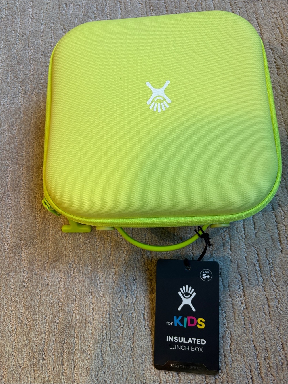 For Kids Insulated Lunch Box - Neon green hard shell 9 1/2 by 9 1/2 square